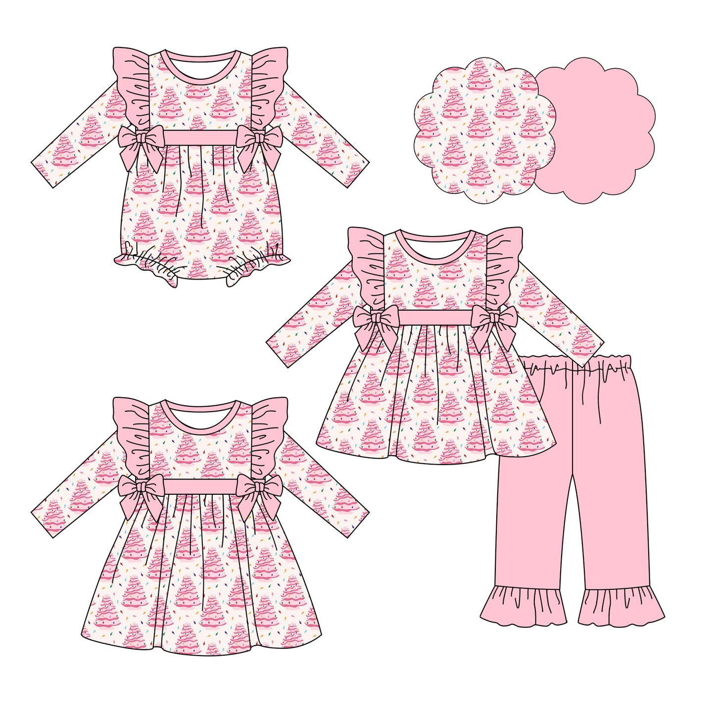 25.6.14 custom each style moq 5eta 4-6week Sibling Sisters Christmas trees pink baby girl long sleeve pants sets and dress and rompers match family design