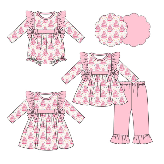 25.6.14 custom each style moq 5eta 4-6week Sibling Sisters Christmas trees pink baby girl long sleeve pants sets and dress and rompers match family design
