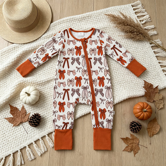 NEW RTS NO MOQ milk silk LR3158 Baby Girls Bows Plaid Fall Long Sleeve Two Way Zip Convertible Rompers