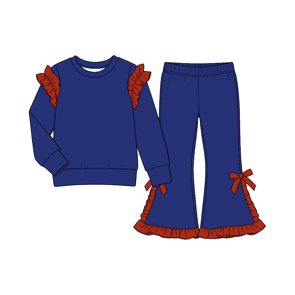 custom moq 5 mix size Baby Girls Navy Blue Ruffle Long Sleeve Top And Flare Pant With Bows Set