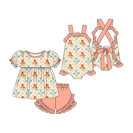 3.23 Custom moq 5 mix size Sibling Baby Girl's Flowers  Short Sleeves Top And Ruffle Short Set Cute Romper for Summer