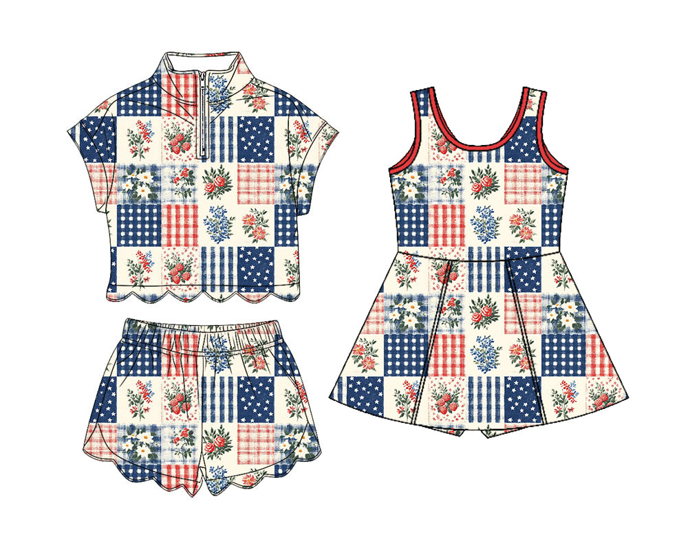 4.10  Custom moq 5 mix size Sibling Baby Girls 4th of July Flowers  Zipper Top Short Scallop Sets Yoga Dress Outfit
