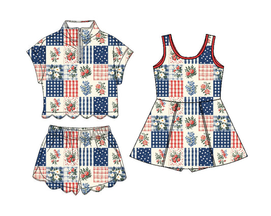 4.10  Custom moq 5 mix size Sibling Baby Girls 4th of July Flowers  Zipper Top Short Scallop Sets Yoga Dress Outfit