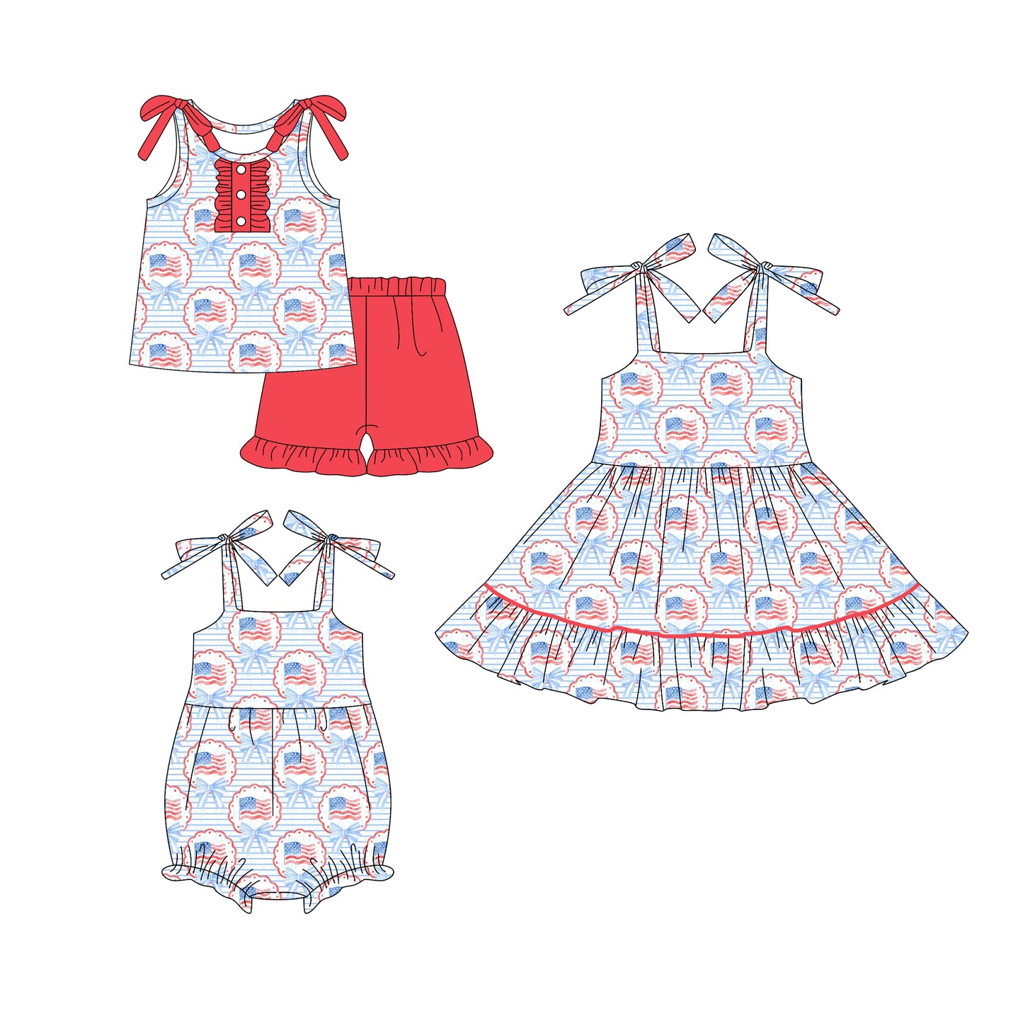 25.12.16 custom each style moq 5 eta 6-8week Sibling Sister flag bow baby short sleeve shorts sets and romper and dress match design