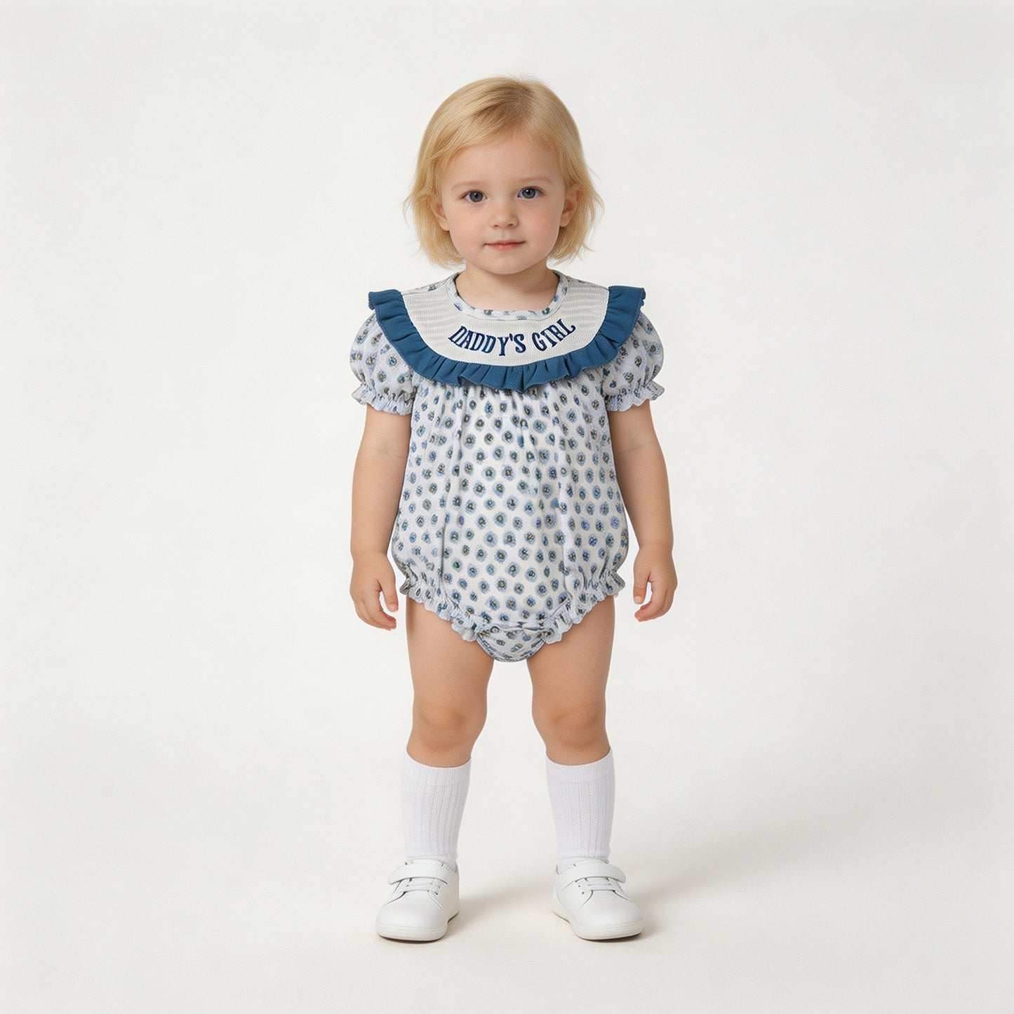 RTS NO MOQ milk silk SR4141 Baby Girls Smocked Daddys Girl Blue Flowers Ruffle Rompers