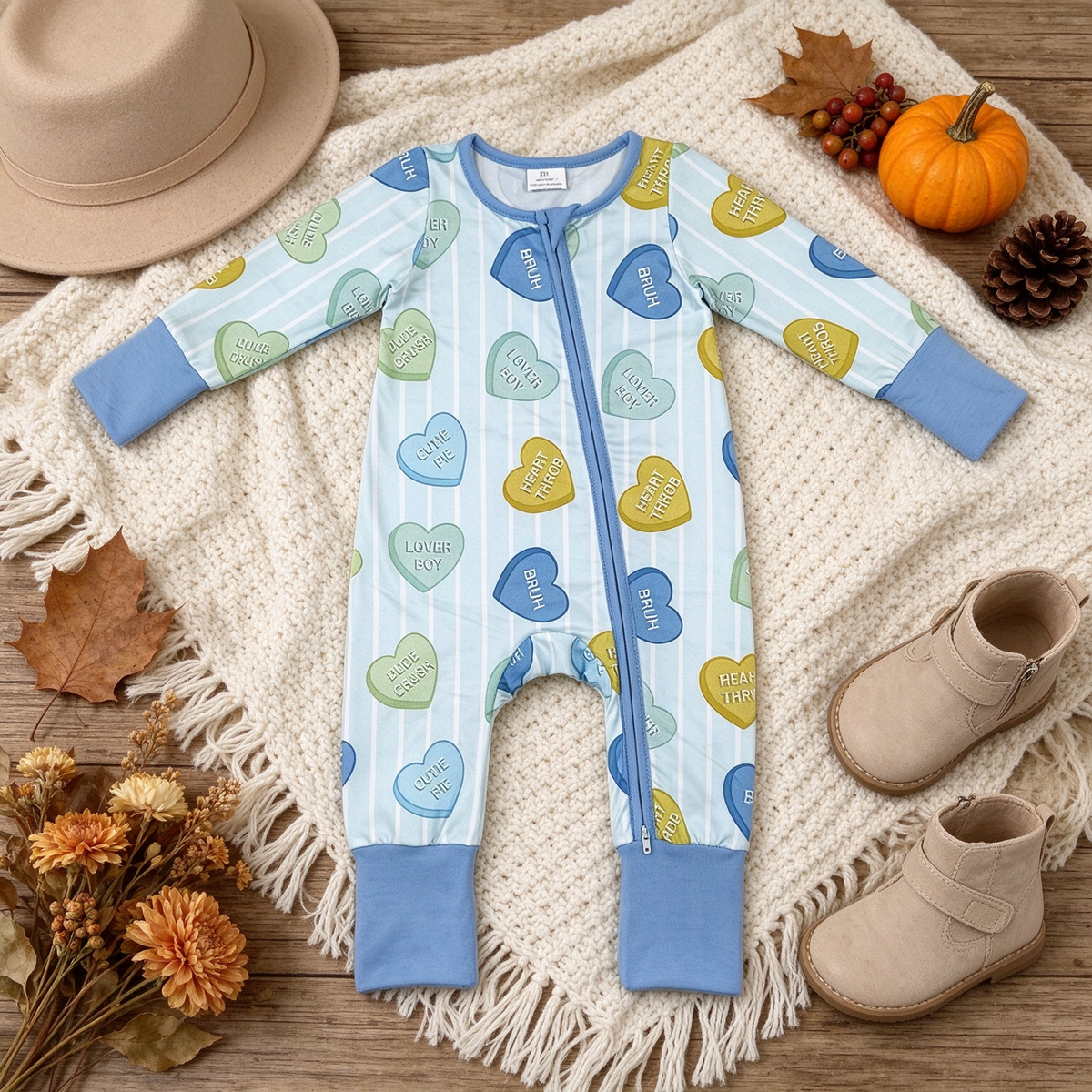 NEW RTS NO MOQ milk silk LR3326 Baby Boys Blue Stripe LOVE YOU Hearts Print Long Sleeve Two Way Zip Convertible Valentines Rompers