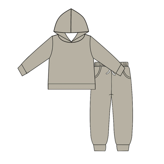 Custom moq 5 Boys blank cotton fabric hoodie joggies Khaki hooded top and trousers set