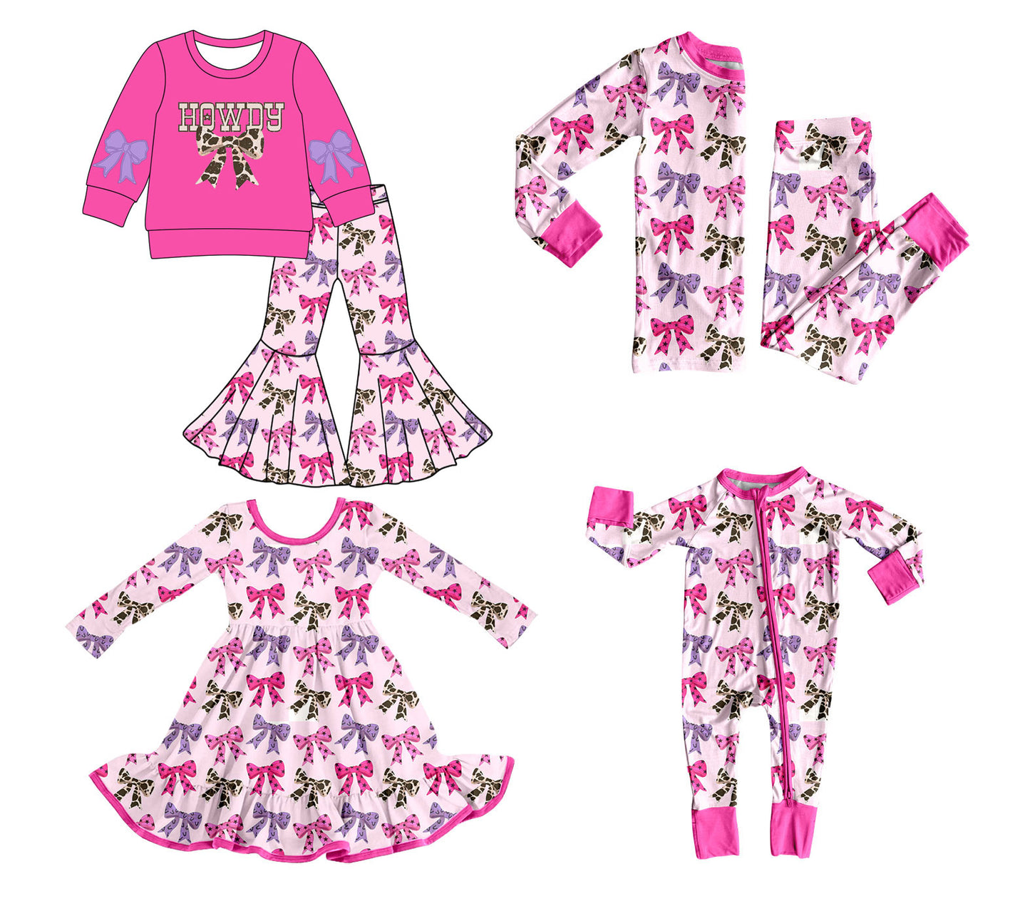 25.8.18 custom each style moq 5 eta 4-6week Sibling Sisters HOWDY bow baby girl long sleeve pants sets 1 and sets 2 and romper and dress match family design