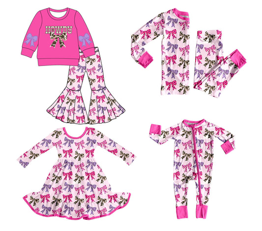 25.8.18 custom each style moq 5 eta 4-6week Sibling Sisters HOWDY bow baby girl long sleeve pants sets 1 and sets 2 and romper and dress match family design
