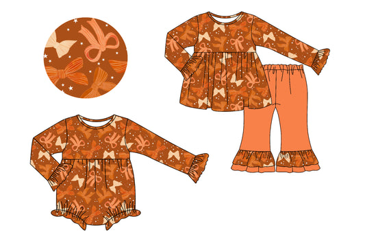 25.7.8 custom each style moq 5eta 4-6week Sibling Sister bow orange baby girl long sleeve pants sets and rompers match family design