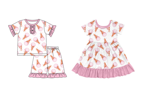 3.31 custom each style moq 5eta 4-6week Sibling Sister ice cream baby girl short sleeve shorts sets and dresses match design