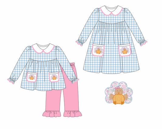 25.5.30 custom each style moq 5eta 4-6week Sibling Sisters turkey blue and pink baby girl long sleeve pants sets and dress match family design