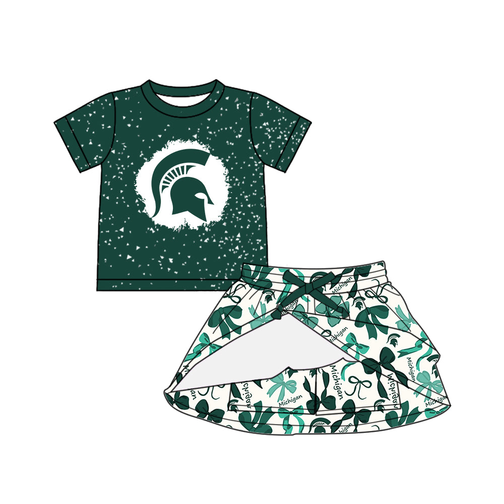 Custom moq 5 mix sizes summer teams baby girls clothes team green short sleeve skirts shorts sets dress 1 and dress 2-25.5.10