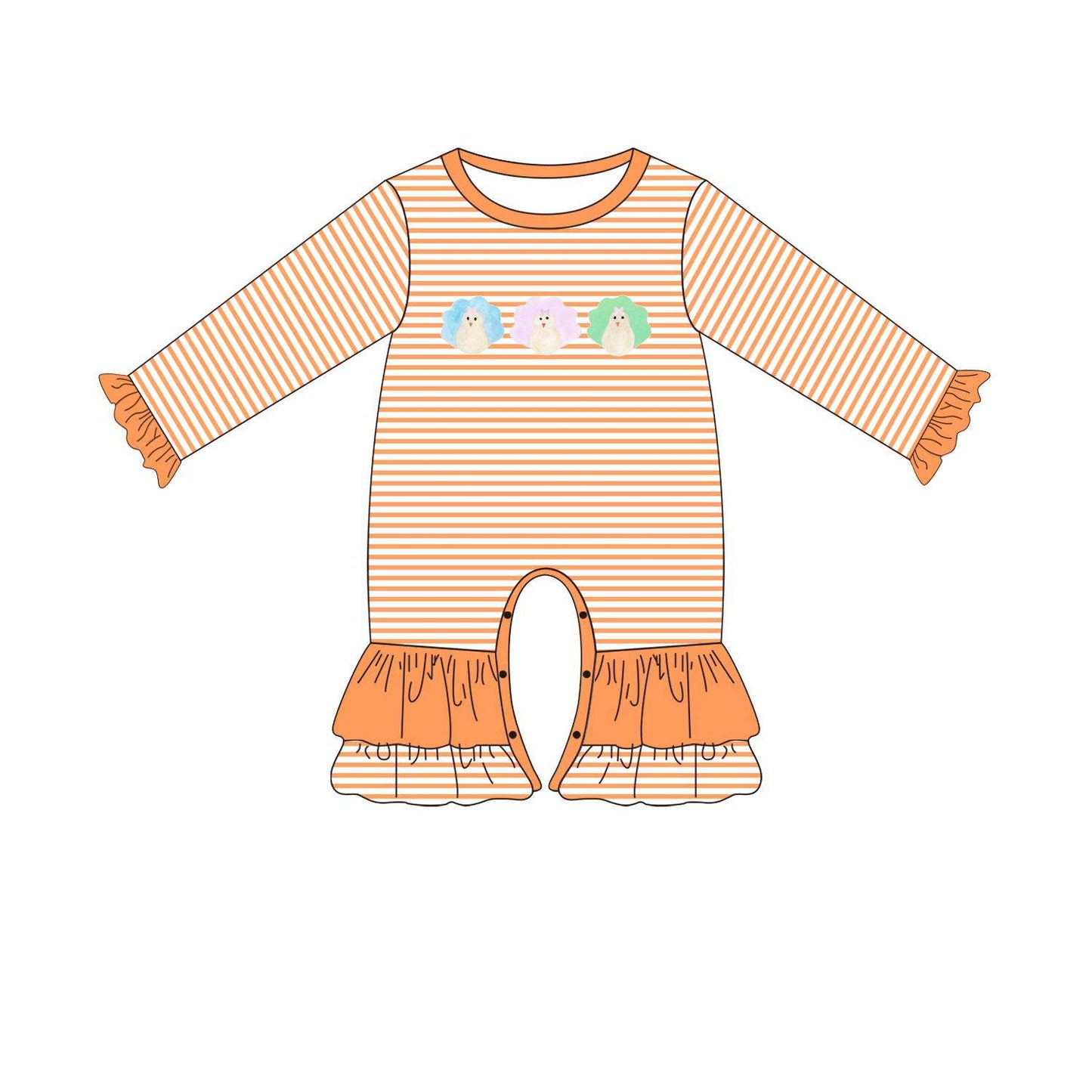 5.10custom each style moq 5eta 4-5week Sibling Sister three peacocks prints orange stripes girls and boys outfits and baby romper match family design