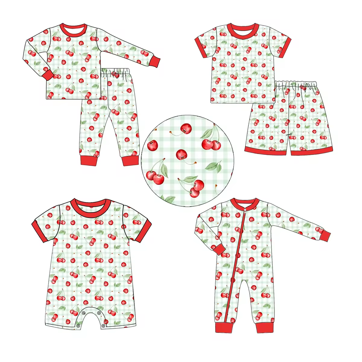 Custom moq 3 each mix size eta 6-8weeks  Fruit Cherry Light Green Plaid Mixed Set