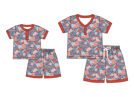 4.23 custom each style moq 5eta 4-6week Sibling Sister flag hat floral short sleeve shorts sets and adult sets match design