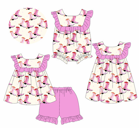 2.11 custom each style moq 5eta 4-6week Sibling Sisters boots baby girl short sleeve shorts sets and dress and rompers match family design