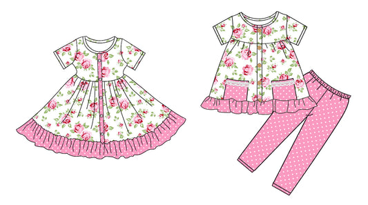 25.9.10 custom each style moq 5eta 4-6week Sibling Sisters floral baby girl long sleeve pants sets and dress match family design