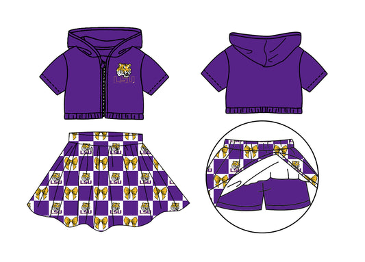 Custom moq 3 or 5 mix size milk silk summer teams baby girl clothes bow purple zipper hooded short sleeve shorts skirts sets-26.1.19