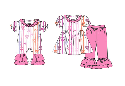 25.9.27 custom each style moq 8 eta 6-8week Sibling Sisters bow baby girl clothes short sleeve pants sets and romper match family design