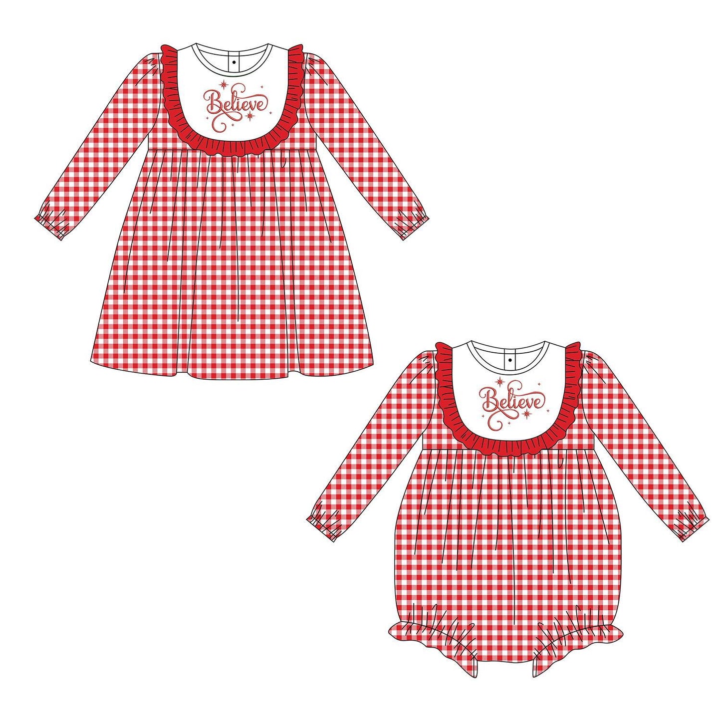 5.18custom each style moq 5eta 4-5week Sibling Sister believe print red plaid girls dress and baby romper match family design
