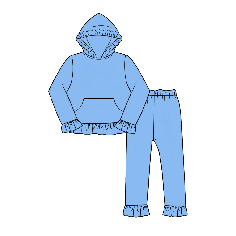 Custom moq 5 girls  Blank Cotton Sky Blue Ruffled Hooded Long Sleeve Pants Set