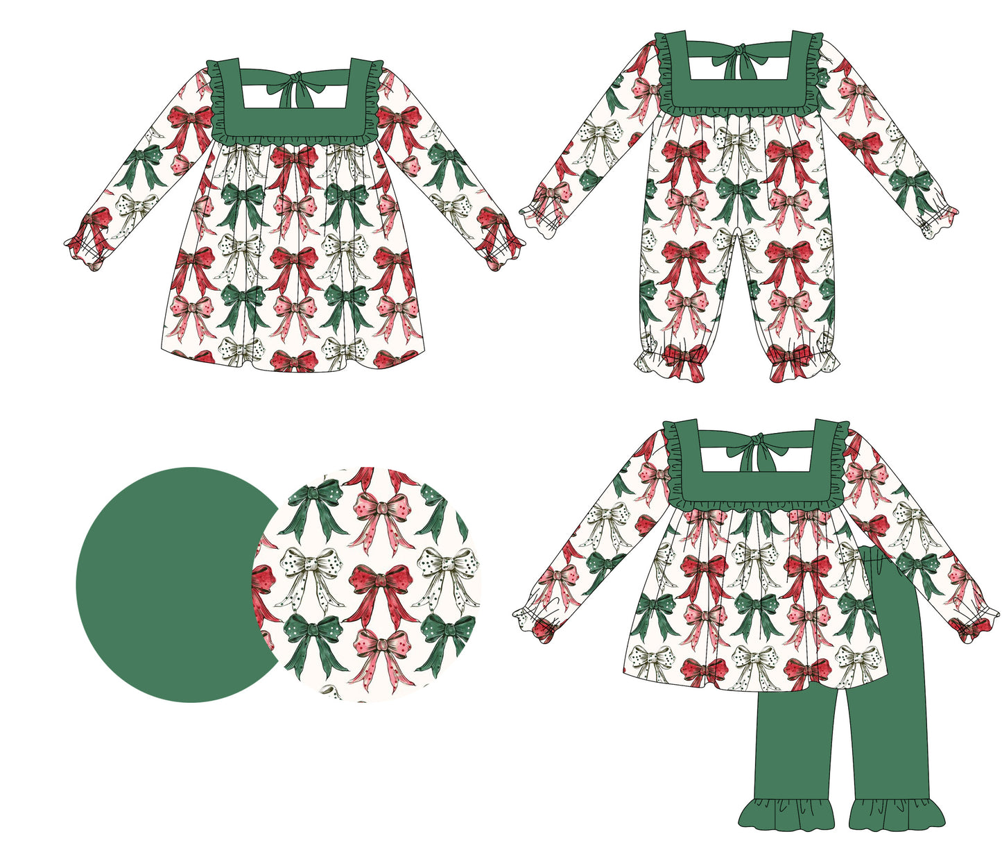 25.6.13 custom each style moq 5eta 4-6week Sibling Sisters Christmas bow green baby girl long sleeve pants sets and dress and rompers match family design