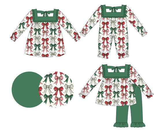 25.6.13 custom each style moq 5eta 4-6week Sibling Sisters Christmas bow green baby girl long sleeve pants sets and dress and rompers match family design