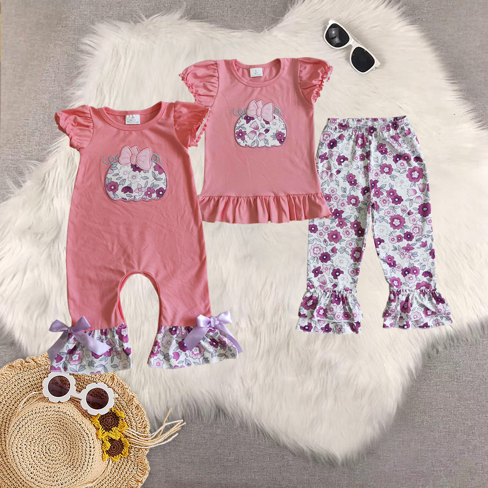 RTS NO MOQ Sibling Baby boys clothes embroidery pumpkin short-sleeved trousers suit & romper