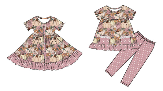5.6 custom each style moq 5eta 4-6week Sibling Sister pumpkin floral baby girl pants sets and dress match family design