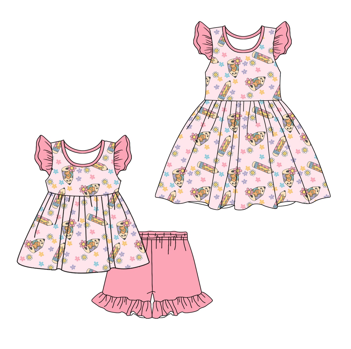 12.28 custom each style moq 5eta 4-6week Sibling Sister pencil floral  baby girl short sleeve shorts sets and dresses match design