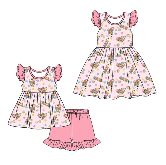 12.28 custom each style moq 5eta 4-6week Sibling Sister pencil floral  baby girl short sleeve shorts sets and dresses match design