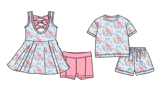Custom moq 5 mix size Sibling Baby Girl pink Sleeveless Yoga Dress And Shorts Outfit Short Sleeved Top And Shorts Set