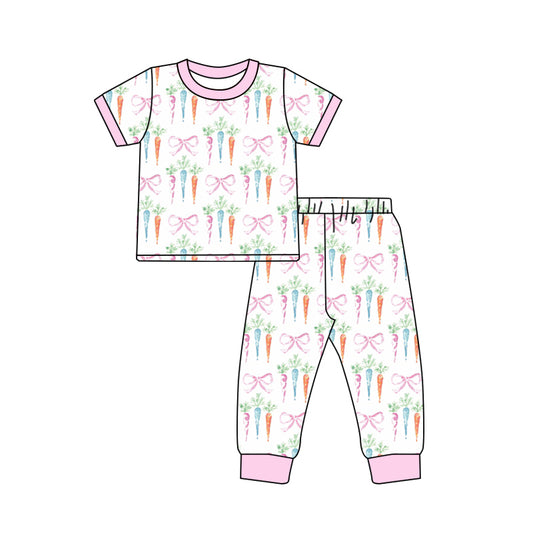 7.24 custom each style moq 5eta 4-6week Sibling Sister carrot bow light pink baby girls short sleeve sets and rompers match family design