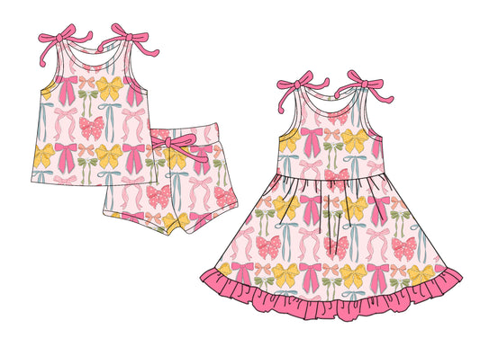 4.4 custom each style moq 5eta 4-6week Sibling Sister bow baby girl short sleeve shorts sets and dresses match design
