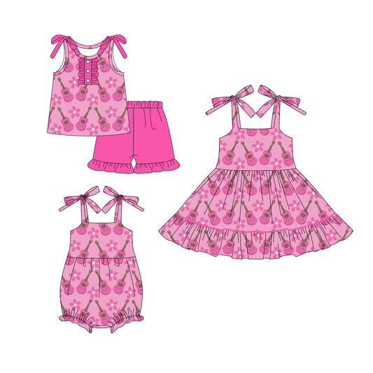 25.6.2 custom each style moq 5eta 4-6week Sibling Sisters guitar floral pink baby girl short sleeve shorts sets and dress and rompers match family design