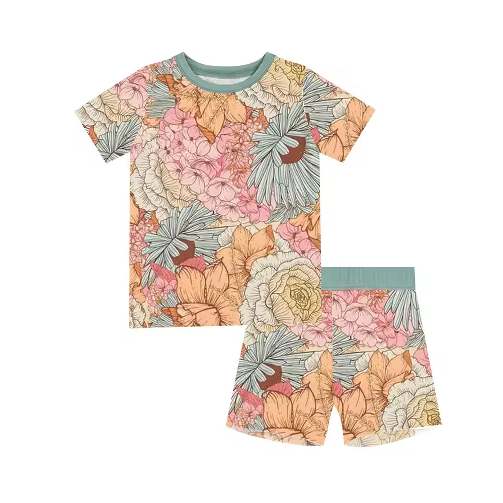 5.16custom each style moq 5eta 4-5week Sibling Sister flower print green boys outfits and baby romper match family design