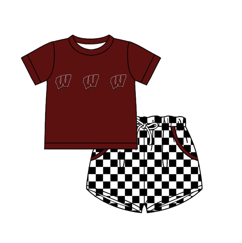 Custom moq 5 mix size milk silk summer teams Boy's Dark Red Short Sleeved Top Plaid Shorts Set Girl's Short-Sleeved Set with Matching Swimsuits Adult Shorts
