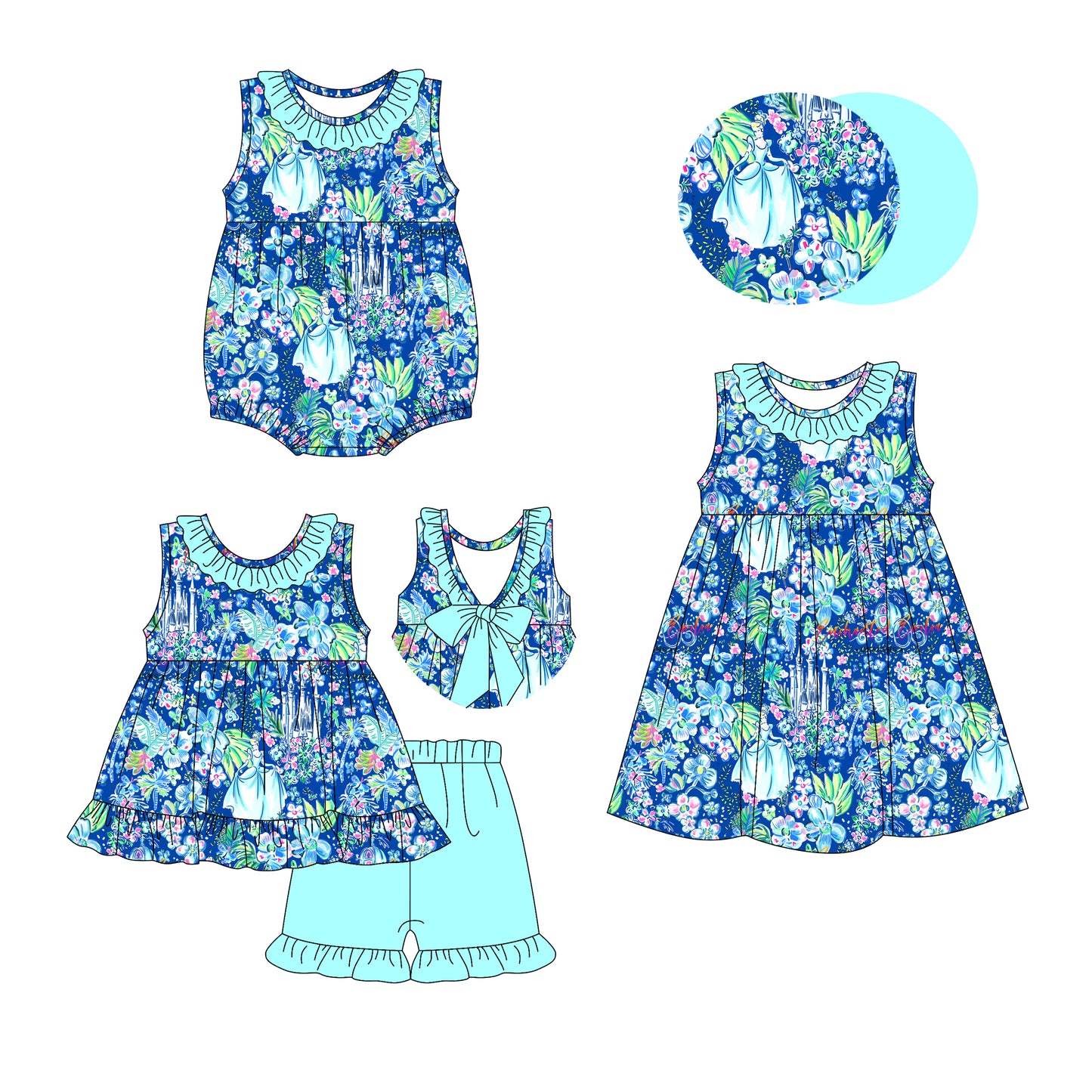 4.10 custom each style moq 5eta 4-6week Sibling Sisters floral baby girl short sleeve shorts sets and dress and rompers match family design