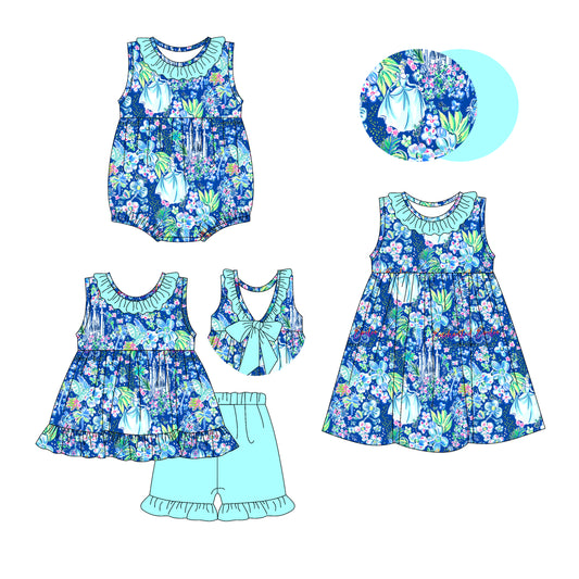 4.10 custom each style moq 5eta 4-6week Sibling Sisters floral baby girl short sleeve shorts sets and dress and rompers match family design