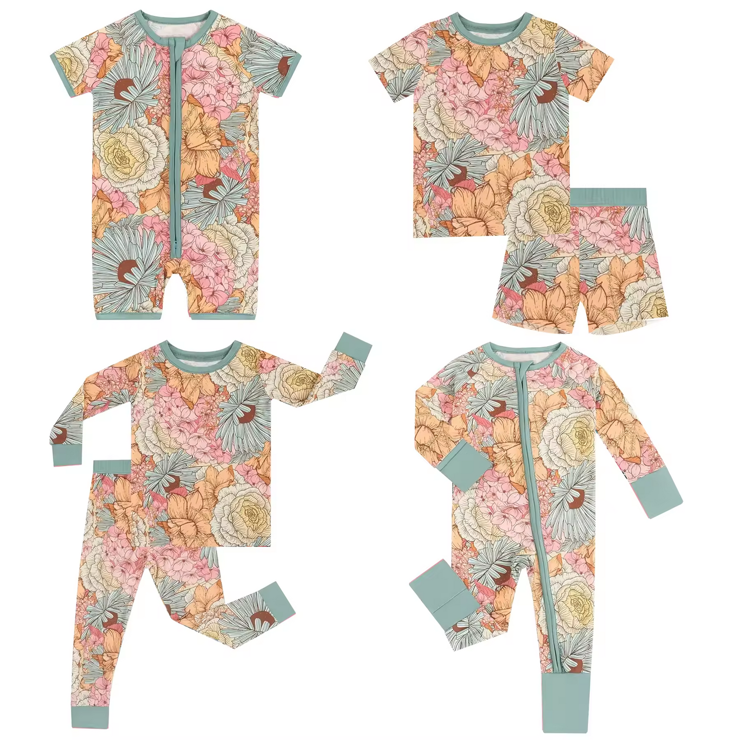 5.16custom each style moq 5eta 4-5week Sibling Sister flower print green boys outfits and baby romper match family design