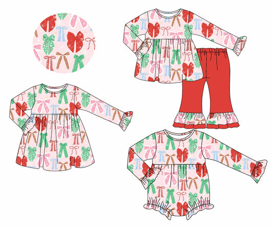 25.7.12 custom each style moq 5eta 4-6week Sibling Sisters bow baby girl long sleeve pants sets and dress and rompers match family design
