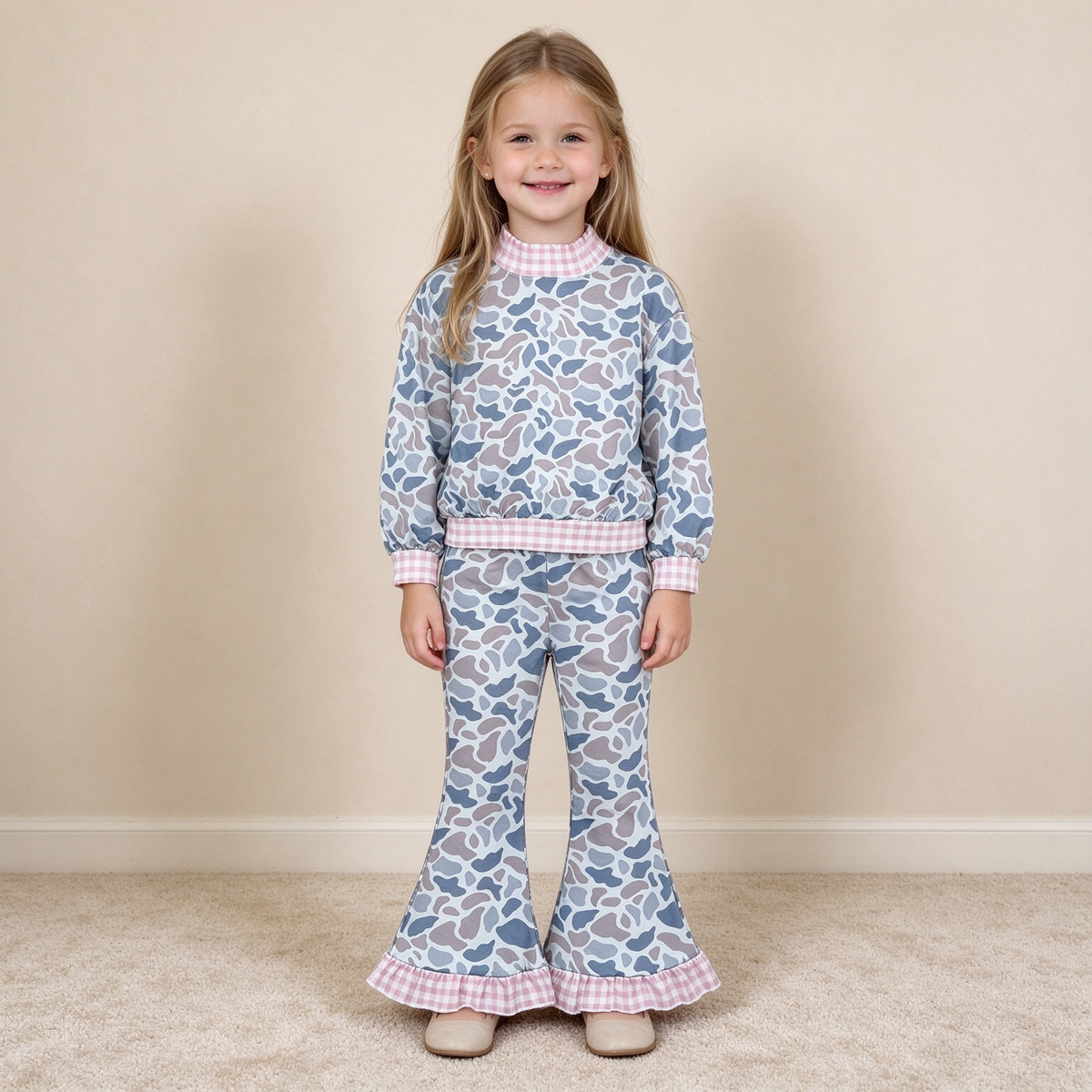 NEW RTS NO MOQ milk silk GT1874+P1185 High Neck Baby Girls Grey Camo Choker Top Ruffle Flare Pant Set（副本）