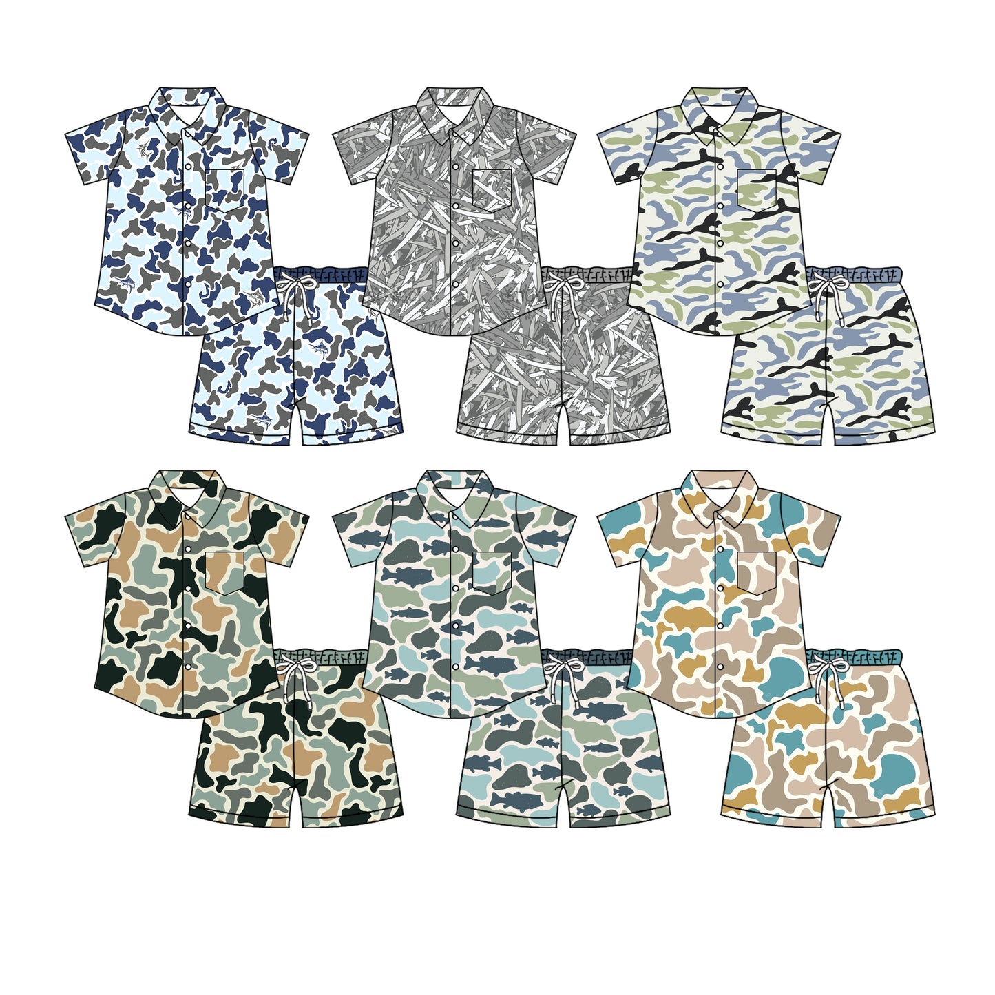 4.7 Custom moq 5 mix size Sibling Baby Boy Camo Short-Sleeved Button-Down Top with Pockets And Shorts Set Cute Casual Outfit