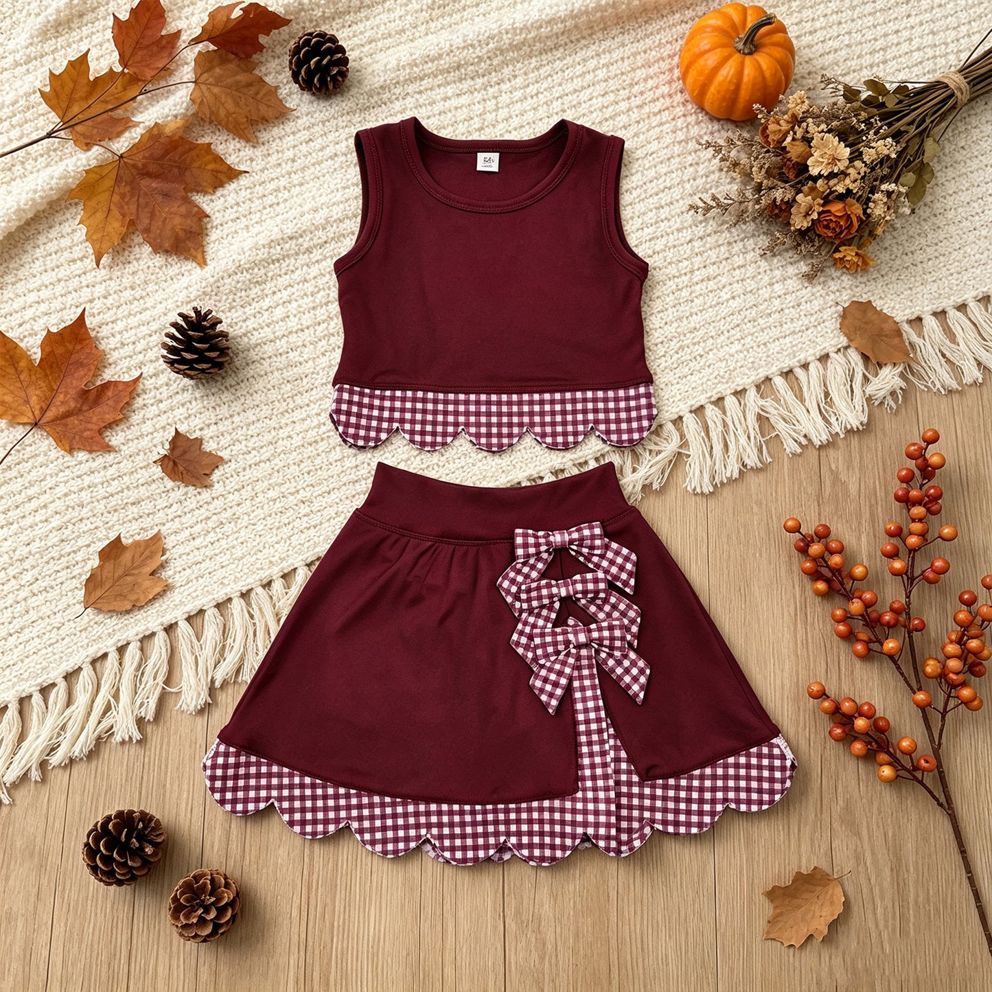 NEW RTS NO MOQ yoga fabric GSD4266 Yoga Baby Girls Cute Bow Maroon Vest Scallop Edge Skort Clothing Set