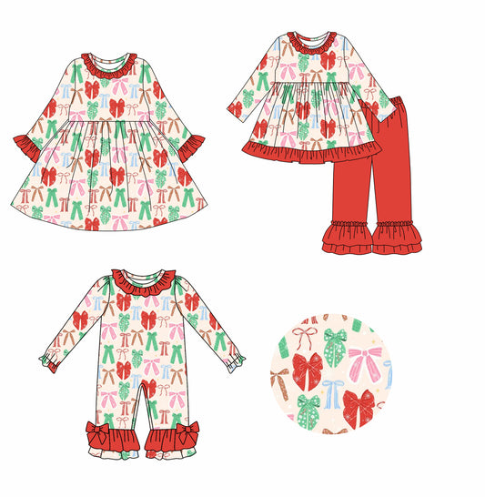 25.7.23 custom each style moq 5eta 4-6week Sibling Sisters Christmas bow baby girl long sleeve pants sets and dress and rompers match family design