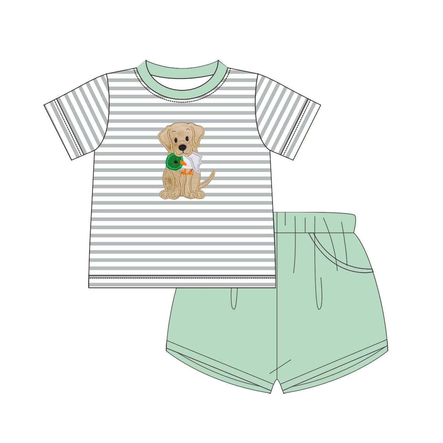 5.16custom each style moq 5eta 4-5week Sibling Sister dog print gray strips green girls and boys outfits and baby romper and dress match family design