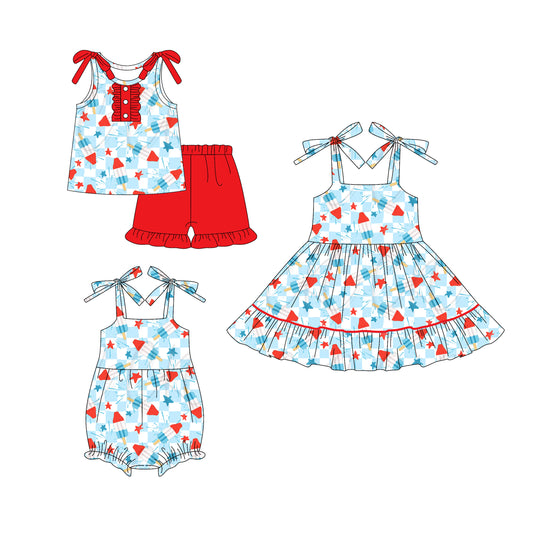 4.19 custom each style moq 5eta 4-6week Sibling Sisters ice cream baby girl short sleeve shorts sets and dress and rompers match family design