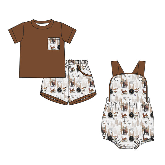 3.25 Custom moq 5 mix size Sibling Cute Clothes Baby Boys Brown Romper Short-Sleeved Top And Shorts Set Summer Outfit