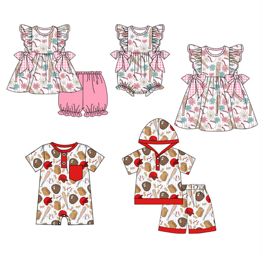 11.29 custom each style moq 5eta 4-6week Sibling Sister baseball baby girl short sleeve shorts sets and sets 2 and girls romper and boy romper and dress match design